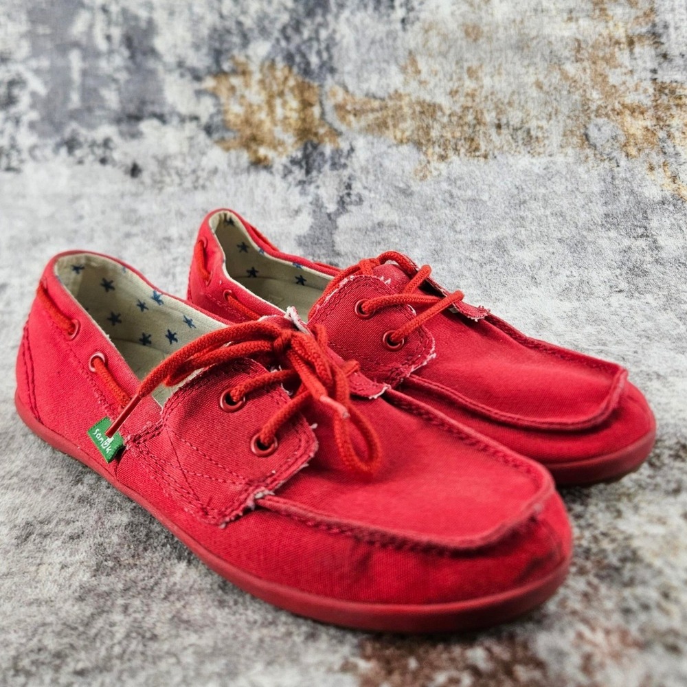 Sanuk Shoes Womens 7 Red Casual Sailaway Canvas Boat Slip On Loafers Coastal